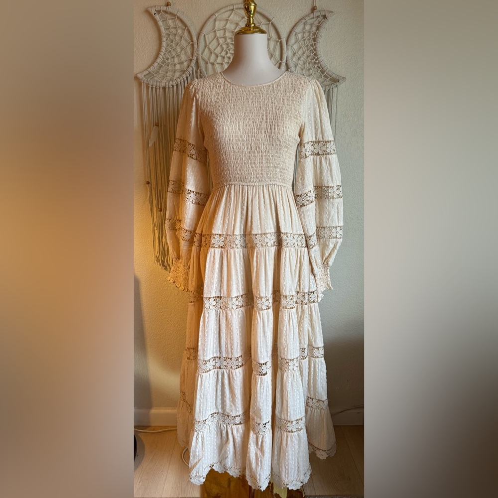 By Together Cream Crochet Floral Lace Trimmed Maxi Dress- Small NWOT